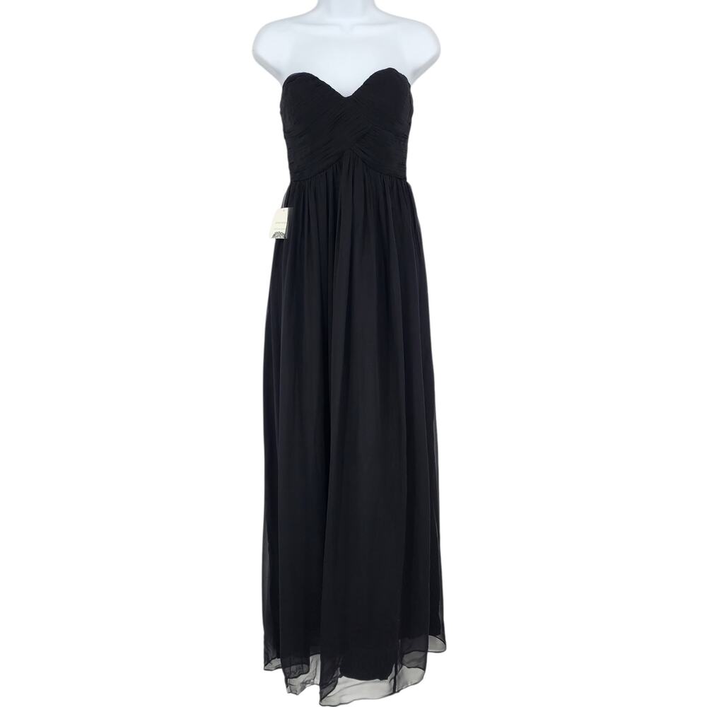 NWT Donna Morgan Black Laura Silk Chiffon Strapless Ruched Sweetheart Gown Sz 0
